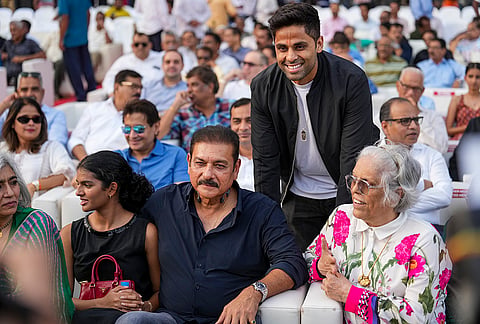 Former cricketer Ravi Shastri and his family during the unveiling of the Ravi Shastri Stand at Wankhede Stadium, in Mumbai. Former cricketer Diana Edulji and cricketer Suryakumar Yadav are also seen. 