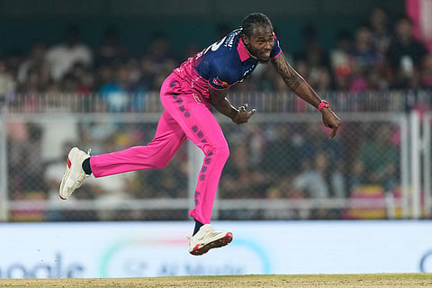 Rajasthan Royals' Jofra Archer bowls during the Indian Premier League cricket match between Royal Challengers Bengaluru and Rajasthan Royals in Guwahati, India.