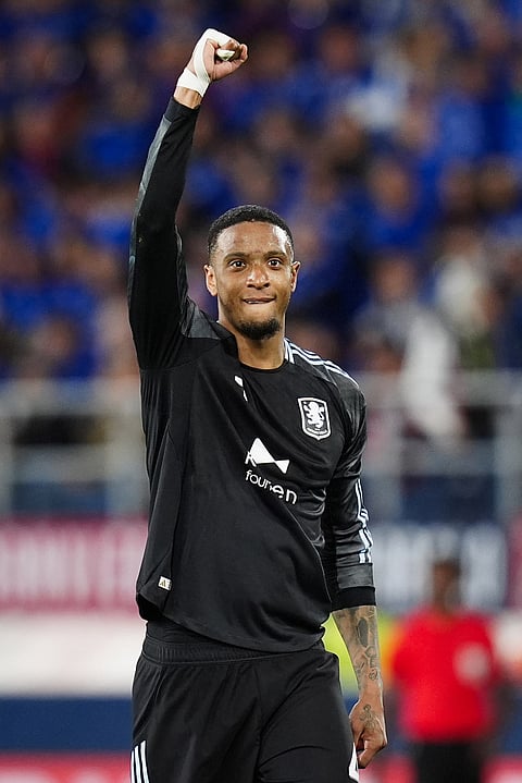 Aston Villa's Ezri Konsa celebrates scoring during the Europa League soccer match between Bologna and Aston Villa in Bologna, Italy.