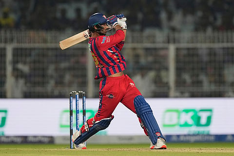 Lucknow Super Giants' Mukul Choudhary plays a shot during the Indian Premier League cricket match between Kolkata Knight Riders and Lucknow Super Giants in Kolkata, India.