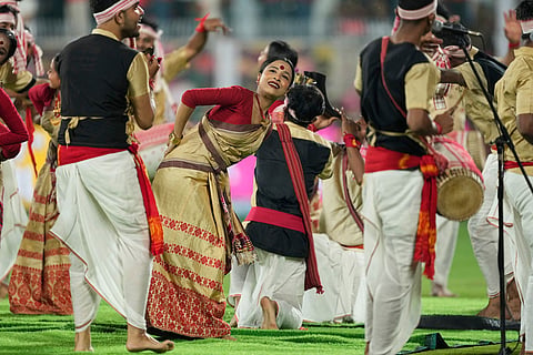 Artists performing Bihu dance prior to start of the Indian Premier League cricket match between Royal Challengers Bengaluru and Rajasthan Royals in Guwahati, India.