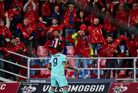Bologna's Santiago Castro celebrates scoring during the Europa League soccer match between Bologna and Aston Villa in Bologna, Italy.