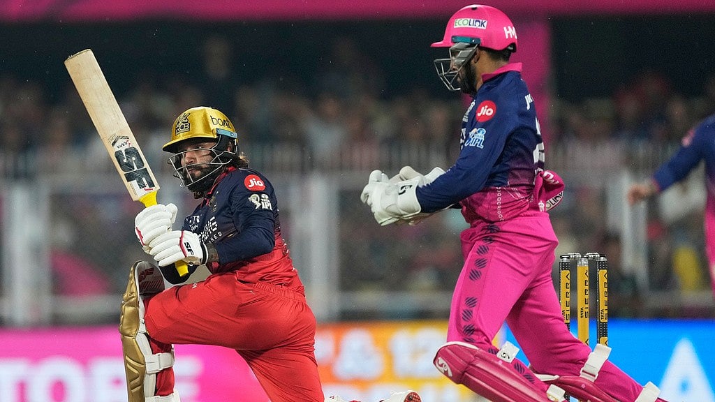 Royal Challengers Bengaluru's captain Rajat Patidar plays a shot during the Indian Premier League match against Rajasthan Royals in Guwahati. - AP/Anupam Nath