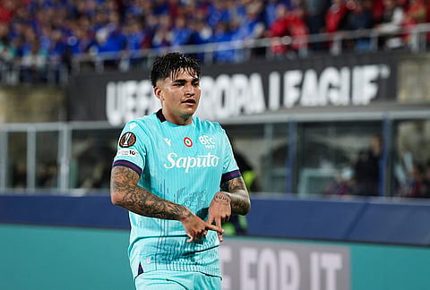 Bologna's Santiago Castro celebrates scoring during the Europa League soccer match between Bologna and Aston Villa in Bologna, Italy.