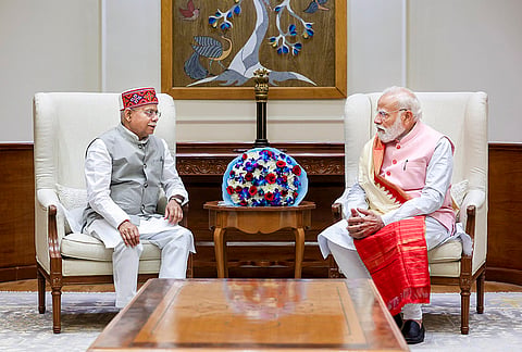 Prime Minister Narendra Modi during a meeting with Telangana Governor Shiv Pratap Shukla, in New Delhi. 