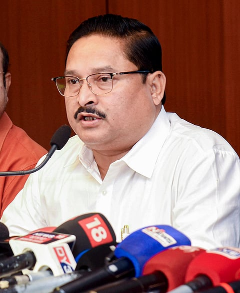 Assam BJP President Dilip Saikia addresses a press conference a day after voting for the state Assembly elections, in Guwahati.