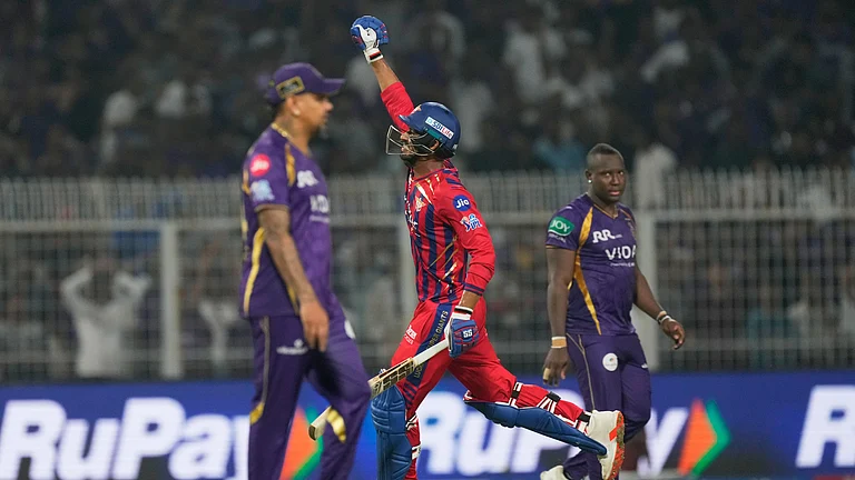 Lucknow Super Giants' Mukul Choudhary celebrates the win over Kolkata Knight Riders in the Indian Premier League cricket match between Kolkata Knight Riders and Lucknow Super Giants in Kolkata, India, Thursday, April 9, 2026. - (AP Photo/Bikas Das)