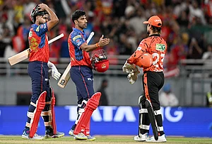 | Photo: AP : Sunrisers Hyderabad's captain Ishan Kishan, right, walks to greet Punjab Kings' captain Shreyas Iyer, left, and Shashank Singh at the end of the Indian Premier League cricket match between Punjab Kings and Sunrisers Hyderabad in New Chandigarh.
