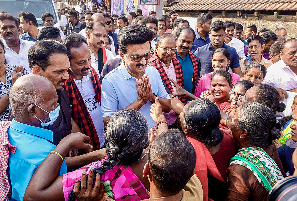 Photo: @mkstalin/X via PTI  : Tamil Nadu Chief Minister MK Stalin interacts with people during an outreach campaign ahead of the state Assembly elections, in Viralimalai, Pudukkottai district, Tamil Nadu. 
