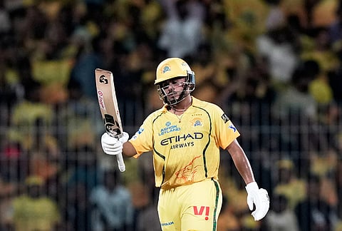 Chennai Super Kings' Ayush Mhatre celebrates his fifty runs during the Indian Premier League cricket match between Chennai Super Kings and Delhi Capitals in Chennai.