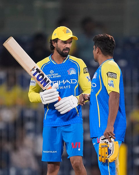 Chennai Super Kings' captain Ruturaj Gaikwad, left, before an Indian Premier League (IPL) 2026 T20 cricket match between Chennai Super Kings and Delhi Capitals, in Chennai, Tamil Nadu.