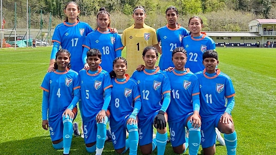 The India U17 women's team starting during the international friendly match against Russia on April 11, 2026. - | Photo: AIFF