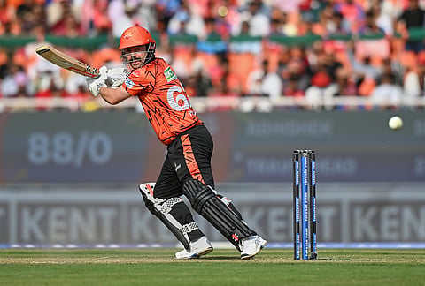 Sunrisers Hyderabad's Travis Head plays a shot during the Indian Premier League cricket match between Punjab Kings and Sunrisers Hyderabad in New Chandigarh.