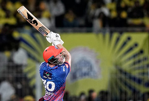 Delhi Capitals' Tristan Stubbs hits a six during the Indian Premier League cricket match between Chennai Super Kings and Delhi Capitals in Chennai.