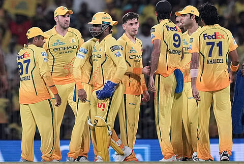 Chennai Super Kings' Noor Ahmed celebrates with teammates the wicket of Delhi Capitals' Ashutosh Sharma during the Indian Premier League cricket match between Chennai Super Kings and Delhi Capitals in Chennai.