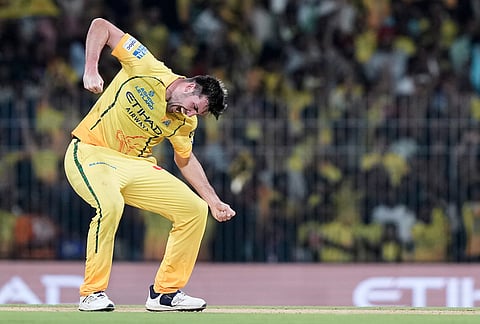 Chennai Super Kings' Jamie Overton celebrates the wicket of Delhi Capitals' Sameer Rizvi during the Indian Premier League cricket match between Chennai Super Kings and Delhi Capitals in Chennai.