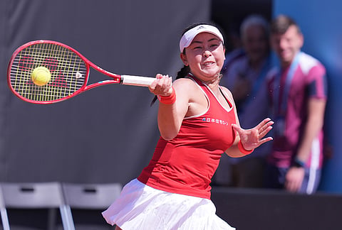 Japan's Eri Hozumi returns the ball during a doubles match between Italy's Jasmine Paolini and Sara Errani against Japan's Eri Hozumi and Shuko Aoyama, during a Billy Jean King Cup match between Italy and Japan, in Velletri, Italy.