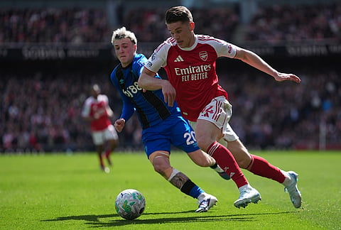 Bournemouth's Álex Jimenez guards Arsenal's Viktor Gyoekeres during the Premier League soccer match between Arsenal and Bournemouth in London, England.