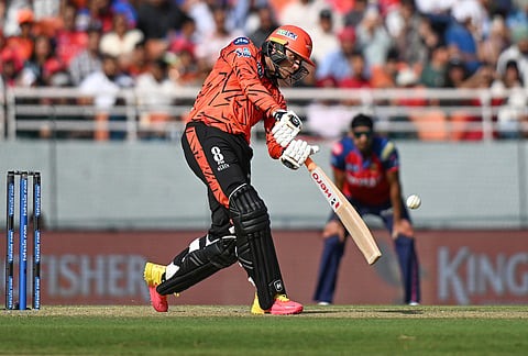 Sunrisers Hyderabad's Abhishek Sharma plays a shot during the Indian Premier League cricket match between Punjab Kings and Sunrisers Hyderabad in New Chandigarh.