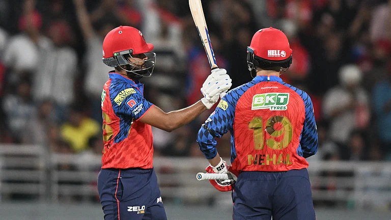 Shreyas Iyer celebrating his fifty with Nehal Wadhera during PBKS vs CSK IPL 2026 match. - AP Photo