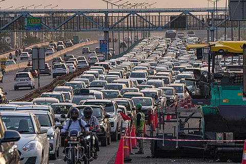 Vehicles stuck in a traffic jam, in New Delhi.