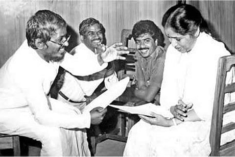 Asha Bhosle and Ilayaraaja working on a song together.
