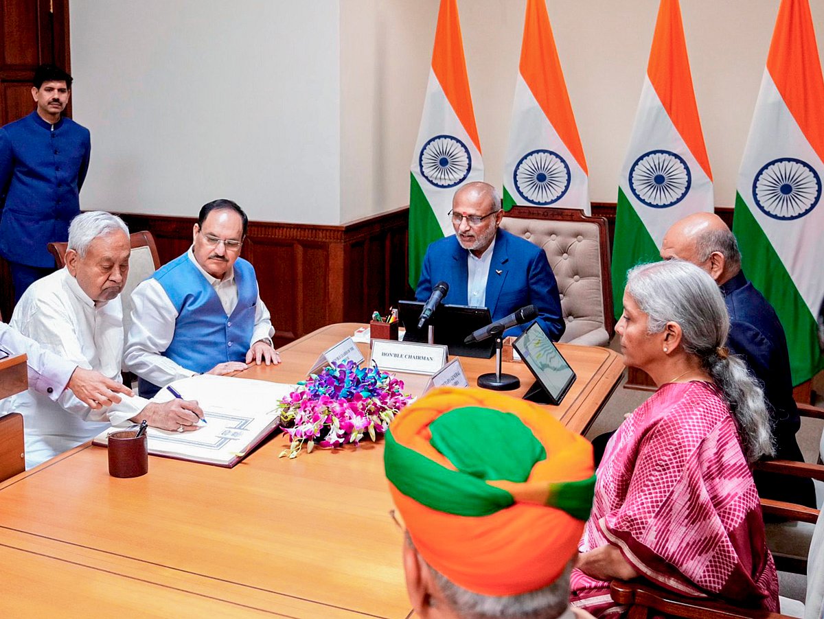 Source: PTI : In this image posted on April 10, 2026, Vice President and Rajya Sabha Chairman CP Radhakrishnan administers oath to Bihar Chief Minister Nitish Kumar as a member of the House during a ceremony at the former's chamber at the Parliament House complex, in New Delhi. Union Ministers JP Nadda and Nirmala Sitharaman are also seen.
