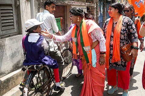 BJP candidate from Tollygunge constituency, Papiya Adhikari, campaigns ahead of the West Bengal Assembly elections, in Kolkata.