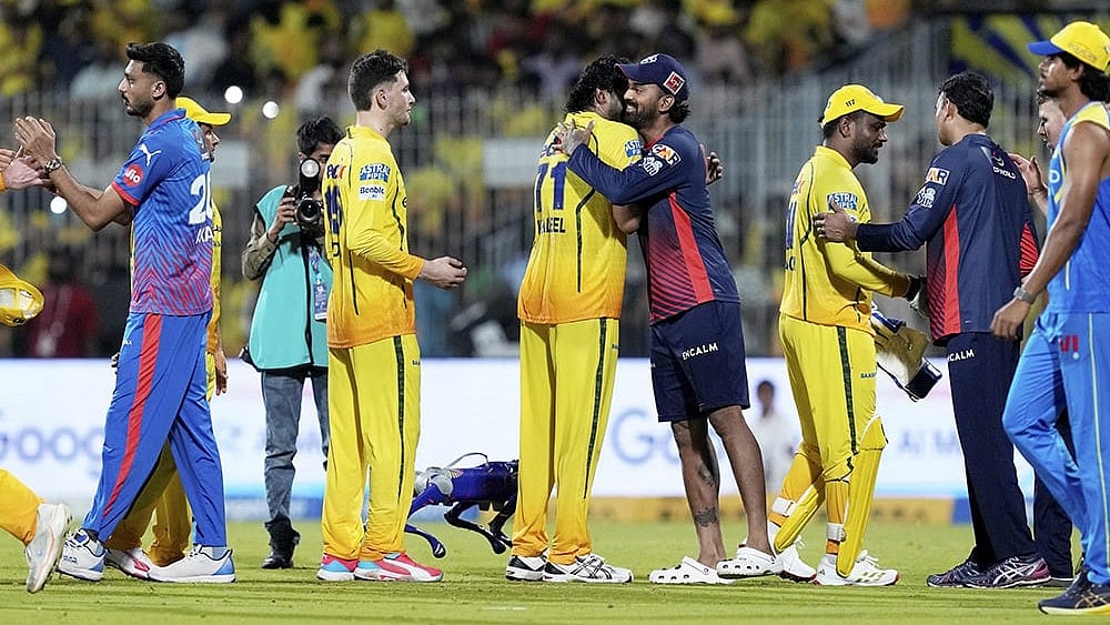 Chennai Super Kings' players being congratulated by Delhi Capitals' players after winning the Indian Premier League (IPL) 2026 T20 cricket match, in Chennai, Tamil Nadu. - | Photo: PTI/R Senthilkumar