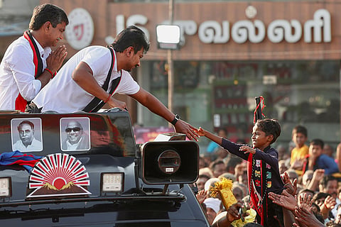 Tamil Nadu Deputy Chief Minister Udhayanithi Stalin during a roadshow in support of DMK candidate from Lalgudi constituency, Parivallal, ahead of the state Assembly elections, in Tiruchirapalli.
