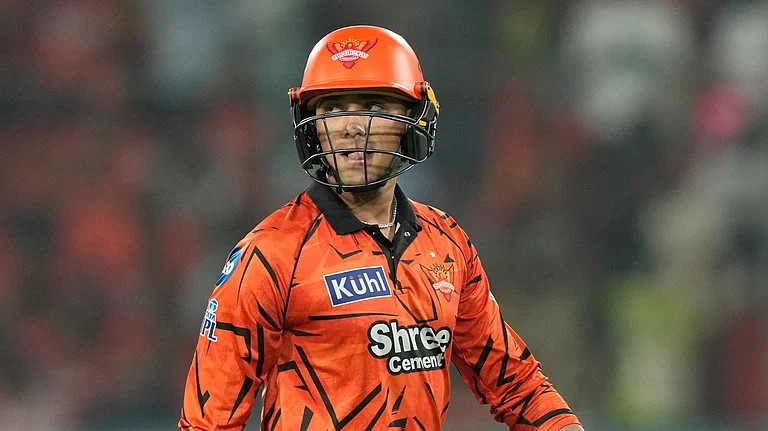 Sunrisers Hyderabad's Abhishek Sharma leaves the ground after losing his wicket during the Indian Premier League cricket match between Sunrisers Hyderabad and Rajasthan Royals in Hyderabad, India, Monday, April 13, 2026. - AP Photo