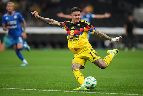 America's Brian Rodriguez attempts a shot on goal against Cruz Azul during a Mexican soccer league match in Mexico City.