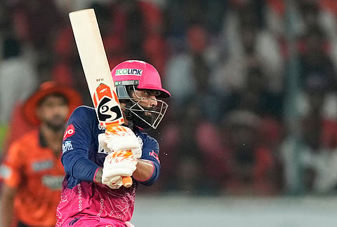 Rajasthan Royals' Ravindra Jadeja plays a shot during the Indian Premier League cricket match between Sunrisers Hyderabad and Rajasthan Royals in Hyderabad.