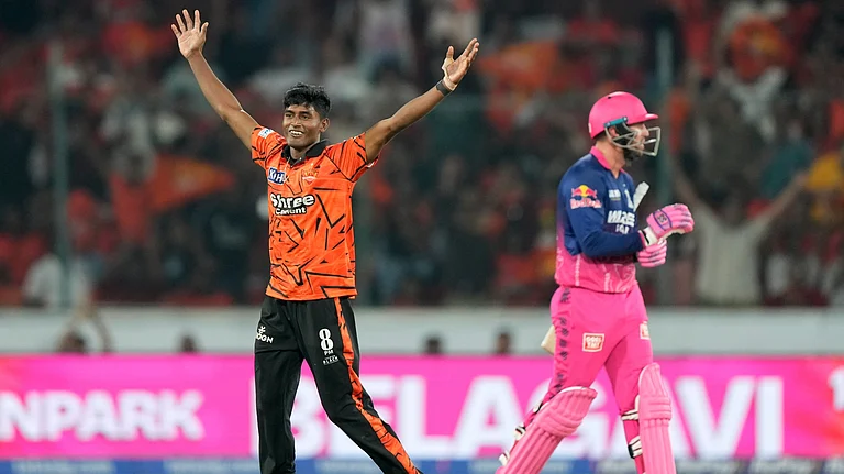 Sakib Hussain celebrates the wicket of Donovan Ferreira during SRH vs RR IPL 2026 match. - AP Photo