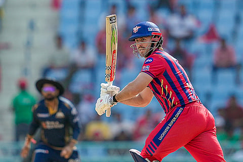 Lucknow Super Giants' Mitchell Marsh plays a shot during the Indian Premier League (IPL) 2026 cricket match between Lucknow Super Giants and Gujarat Titans, at Ekana Stadium in Lucknow.