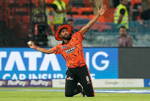 Sunrisers Hyderabad's Praful Hinge takes the catch to dismiss Rajasthan Royals' Jofra Archer during the Indian Premier League cricket match between Sunrisers Hyderabad and Rajasthan Royals in Hyderabad.
