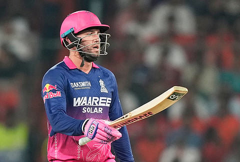Rajasthan Royals' Donovan Ferreira celebrates his fifty runs during the Indian Premier League cricket match between Sunrisers Hyderabad and Rajasthan Royals in Hyderabad.