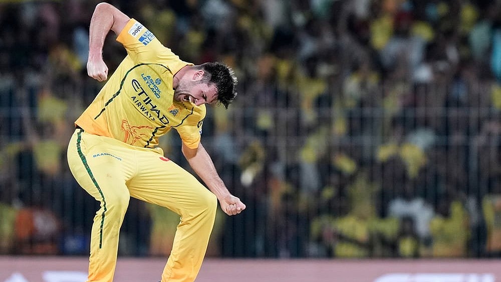 Chennai Super Kings' Jamie Overton celebrates the wicket of Delhi Capitals' Sameer Rizvi during the Indian Premier League cricket match between Chennai Super Kings and Delhi Capitals in Chennai. - | Photo: AP/Mahesh Kumar A.