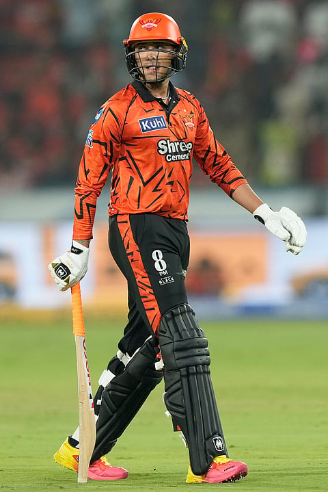 Sunrisers Hyderabad's Abhishek Sharma leaves the ground after losing his wicket during the Indian Premier League cricket match between Sunrisers Hyderabad and Rajasthan Royals in Hyderabad.