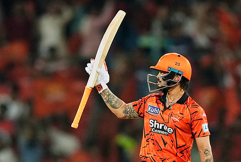 Sunrisers Hyderabad's captain Ishan Kishan celebrates his fifty runs during the Indian Premier League cricket match between Sunrisers Hyderabad and Rajasthan Royals in Hyderabad.