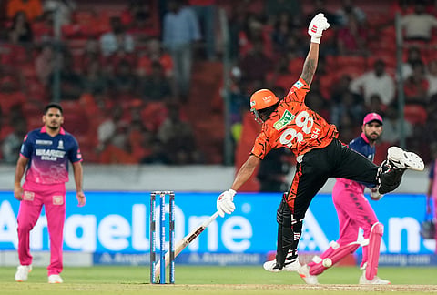 Sunrisers Hyderabad's Nitish Kumar Reddy successfully completes the run during the Indian Premier League cricket match between Sunrisers Hyderabad and Rajasthan Royals in Hyderabad.
