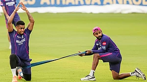 | Photo: PTI/Swapan Mahapatra : Rajasthan Royals' Shimron Hetmyer during a practice session ahead of an Indian Premier League (IPL) 2026 T20 cricket match between Rajasthan Royals and Mumbai Indians, in Guwahati, Assam.