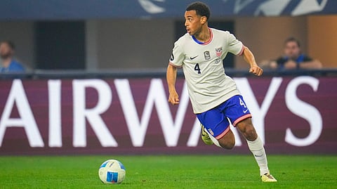United States' Tyler Adams runs with the ball during a CONCACAF Nations League championship soccer match between Mexico and the United States, Sunday, March 24, 2024, in Arlington, Texas.