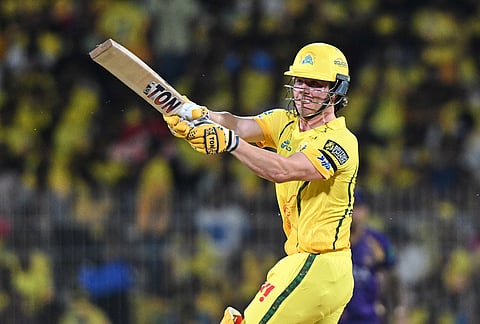 Chennai Super Kings' Dewald Brevis plays a shot during the Indian Premier League cricket match between Chennai Super Kings and Kolkata Knight Riders in Chennai.