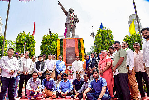 Delhi Assembly Speaker Vijender Gupta in a photograph during the tribute paying ceremony of Dr BR Ambedkar on the occasion of his birth anniversary, observed as ‘Ambedkar Jayanti’, at the Delhi Assembly premises, in New Delhi. 