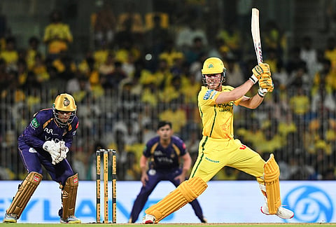 Chennai Super Kings' Dewald Brevis plays a shot during the Indian Premier League cricket match between Chennai Super Kings and Kolkata Knight Riders in Chennai.