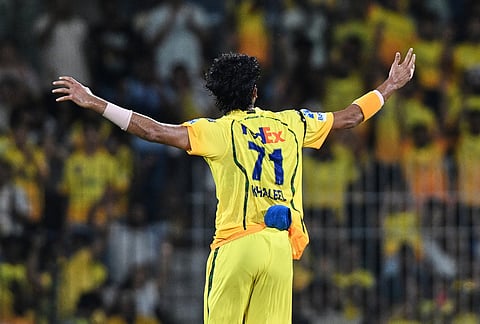 Chennai Super Kings' Khaleel Ahmed celebrates the wicket of Kolkata Knight Riders' Sunil Narine during the Indian Premier League cricket match between Chennai Super Kings and Kolkata Knight Riders in Chennai.