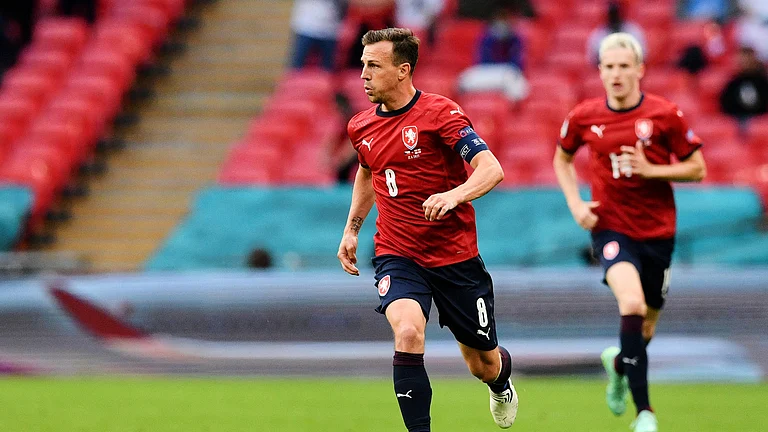 FILE - Czech Republic's Vladimir Darida dribles during the Euro 2020 soccer championship group D match between the Czech Republic and England at Wembley stadium in London, Tuesday, June 22, 2021. - (Justin Tallis/Pool Photo via AP, File)