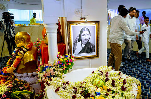 People pay tribute to the bust of Dr BR Ambedkar on the occasion of Ambedkar Jayanti, at Chaityabhoomi, in Mumbai, Maharashtra,