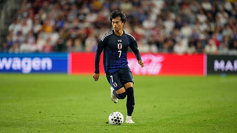 Japan's Kaoru Mitoma (7) controls the ball during a friendly soccer match against the United States, Tuesday, Sept. 9, 2025, in Columbus, Ohio. 